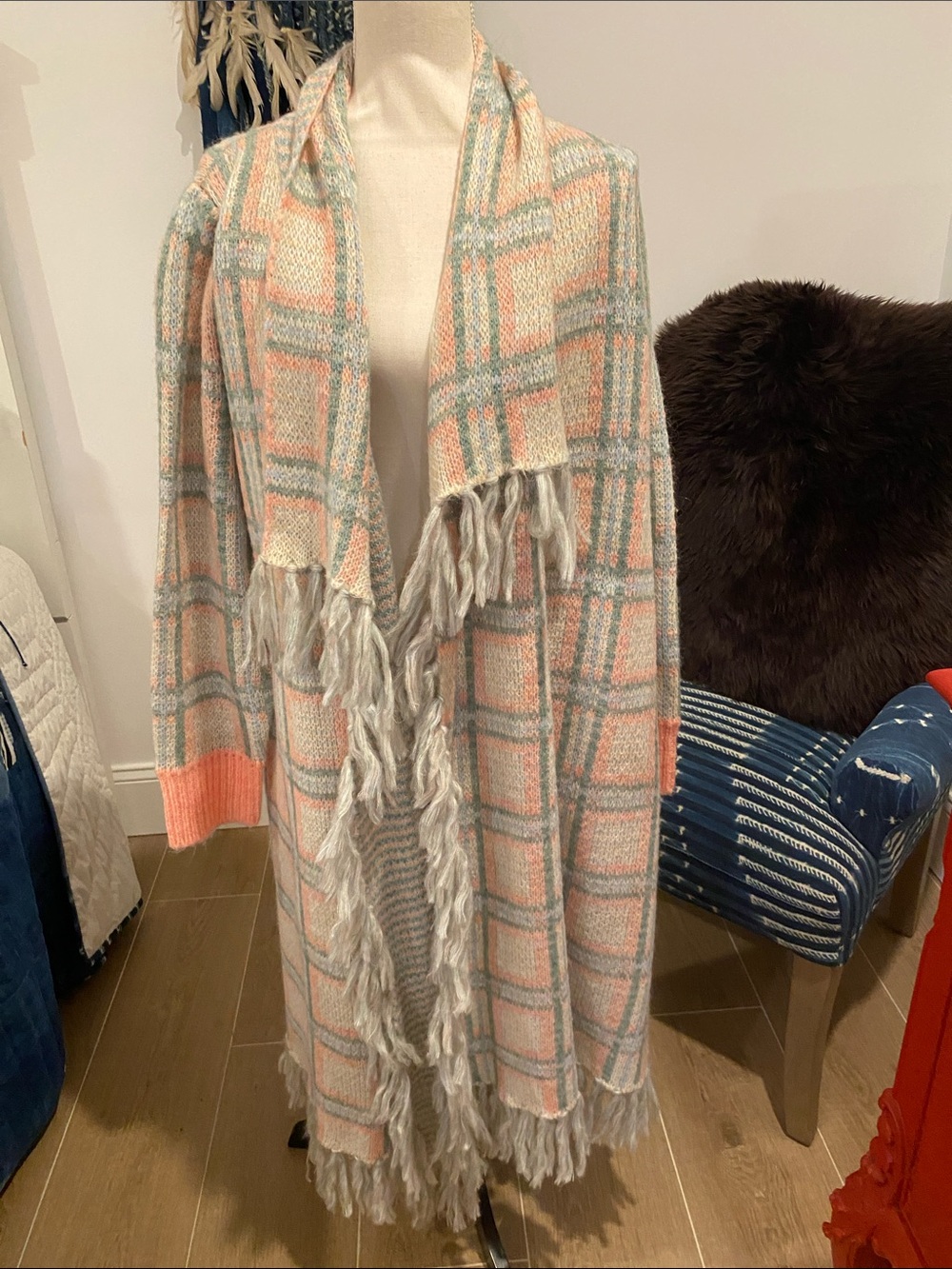 LoveShackFancy Plaid Fringed Open-Front Cardigan in Peach & Light Gray